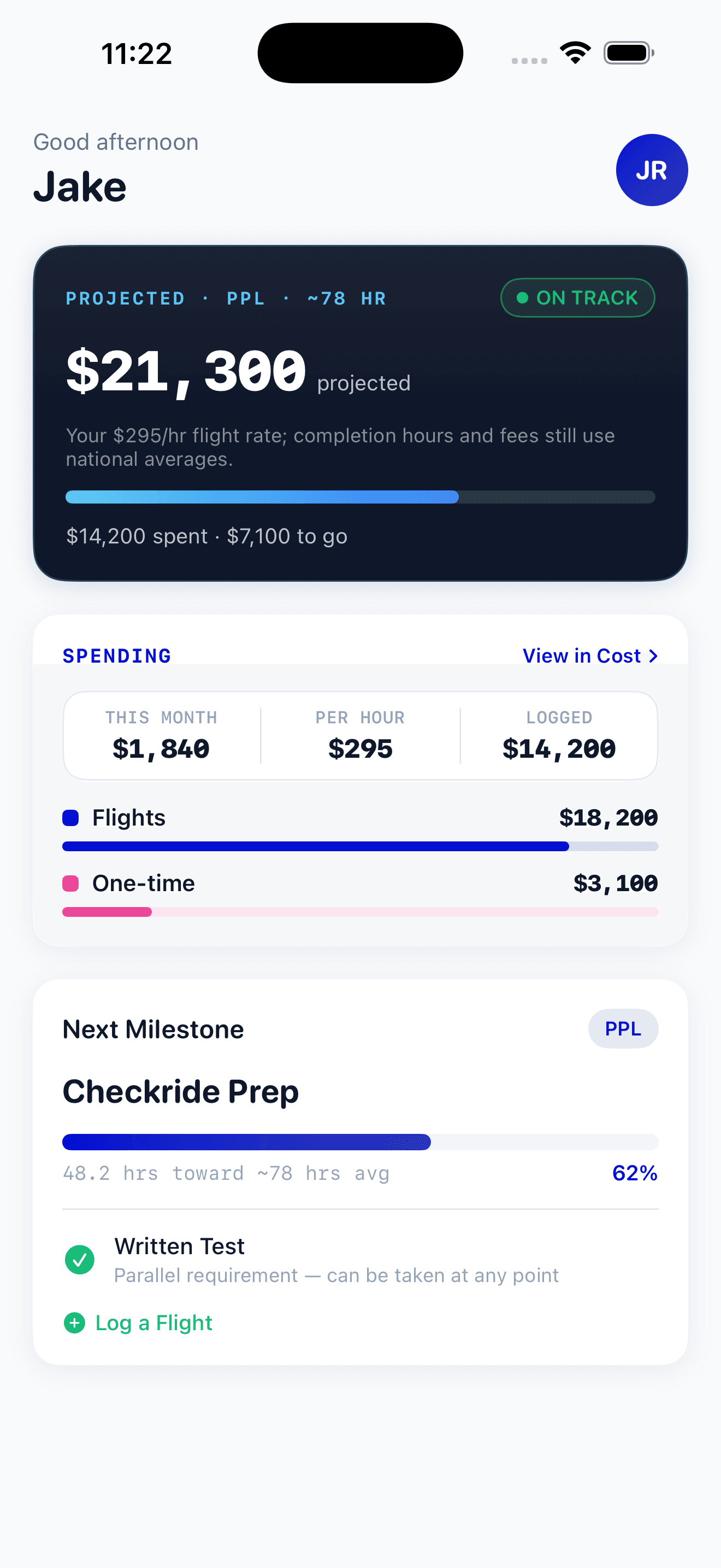PilotBound home screen: projected cost on track, the spending breakdown, and the next checkride milestone