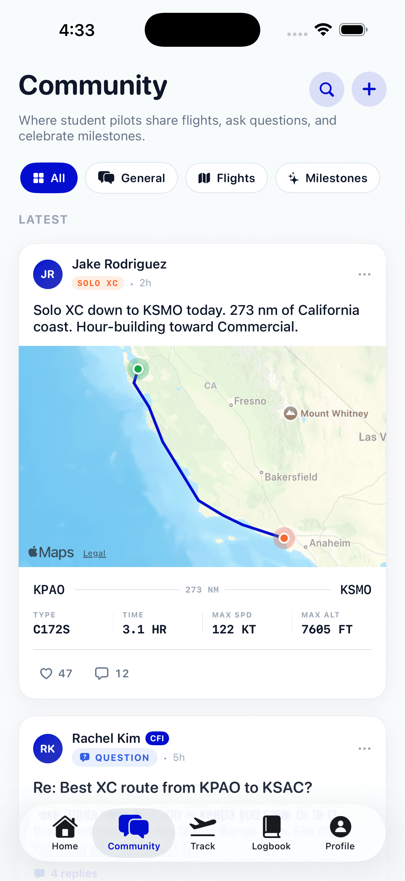 Community feed with a solo cross-country flight share including GPS track map